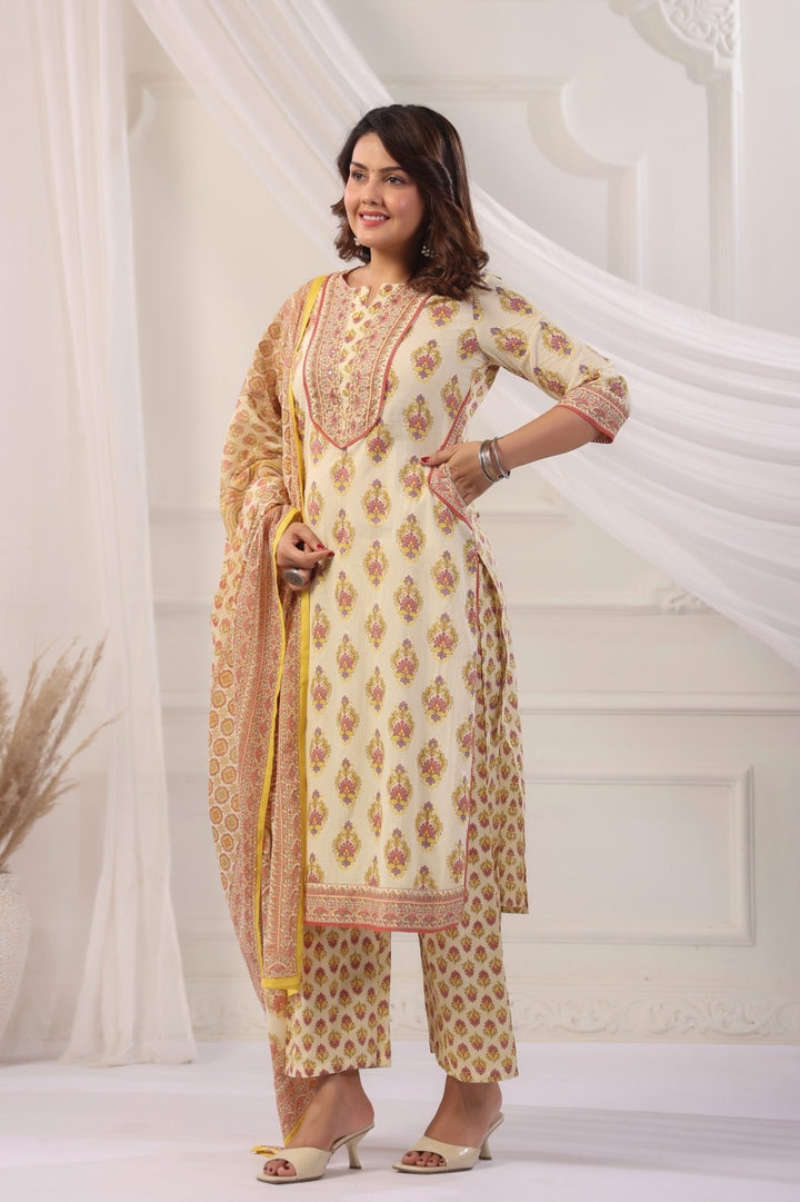 Arya Yellow Cotton Straight Suit Set For Women
