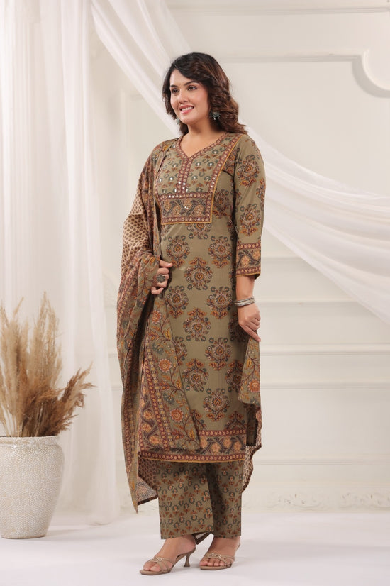 Bhanu Olive Green Cotton Straight Salwar Suit Set With Kota Doria Dupatta For Women