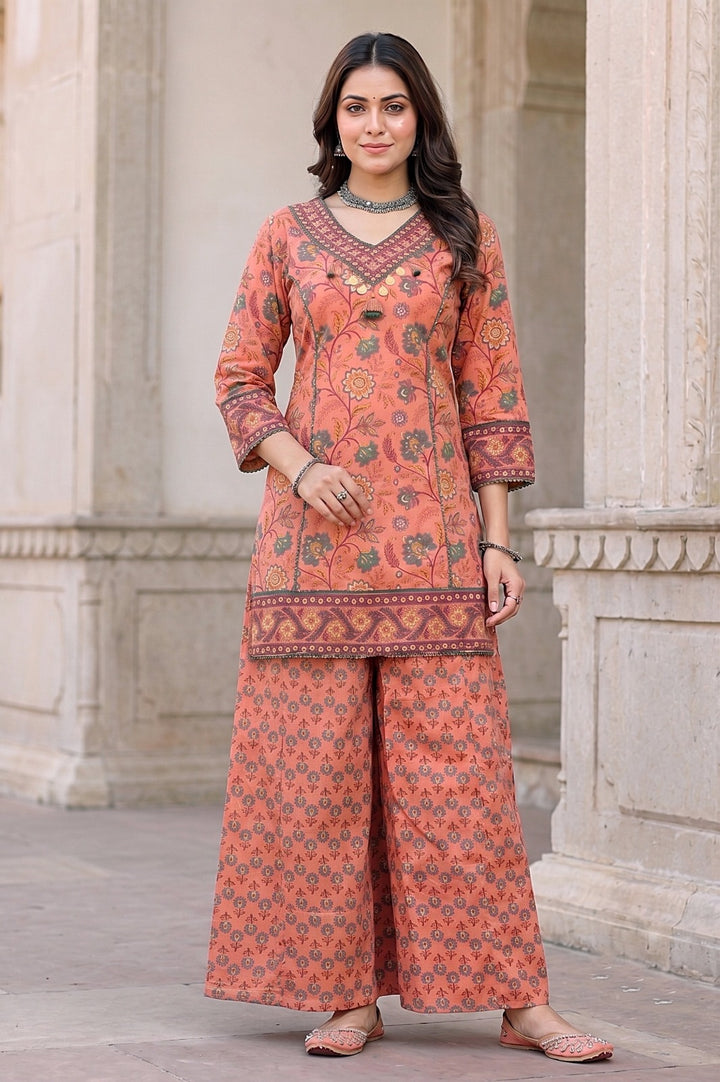 Keerthi Peach Cotton Farshi Salwar Suit Set