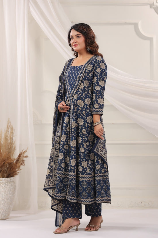 Seema Navy Blue Cotton Anarkali Suit Set