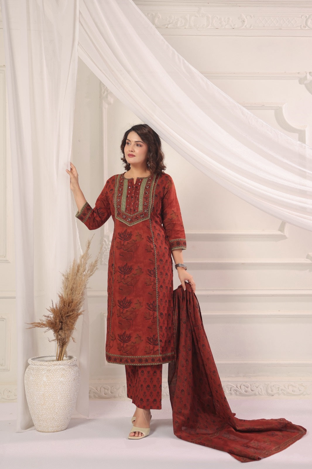 Satya Red Cotton Straight Suit Set For Women