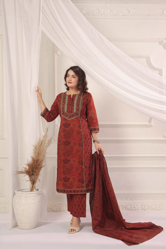 Satya Red Cotton Straight Suit Set For Women
