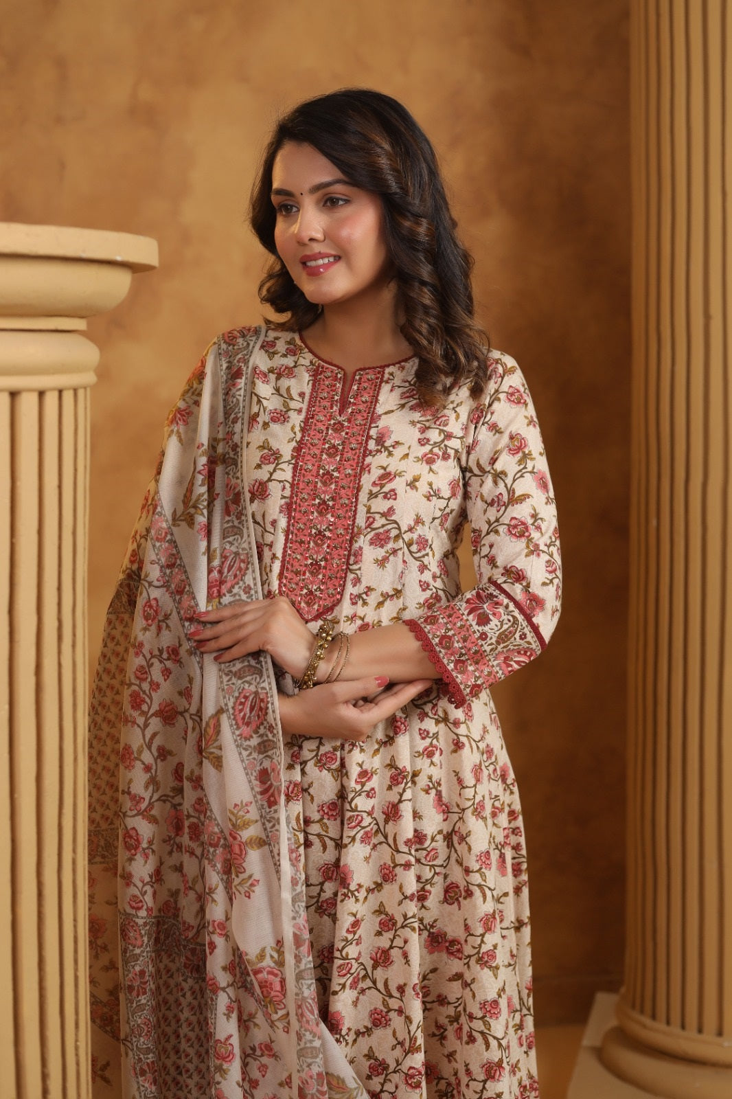 Gulnoor Maroon Cotton Anarkali Suit Set