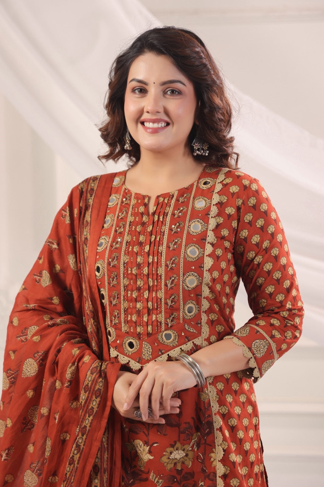 Satya Rust Cotton Straight Suit Set For Women