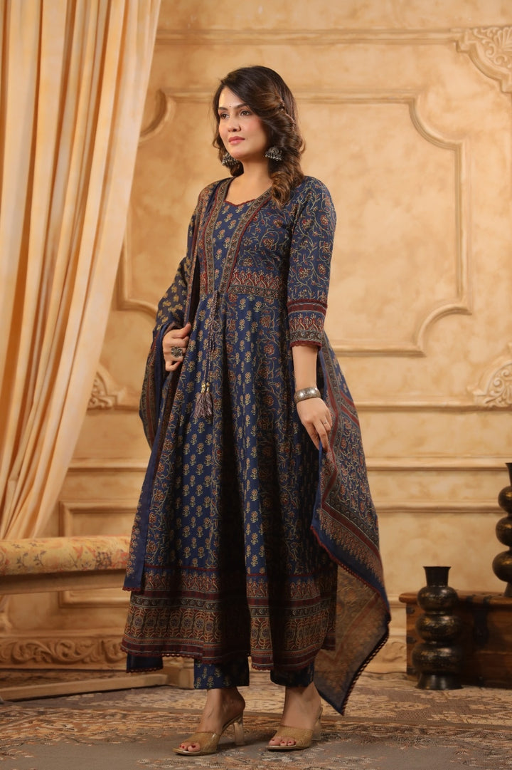 Zeenat Navy Blue Premium Cotton Handblock Printed Anarkali Suit Set