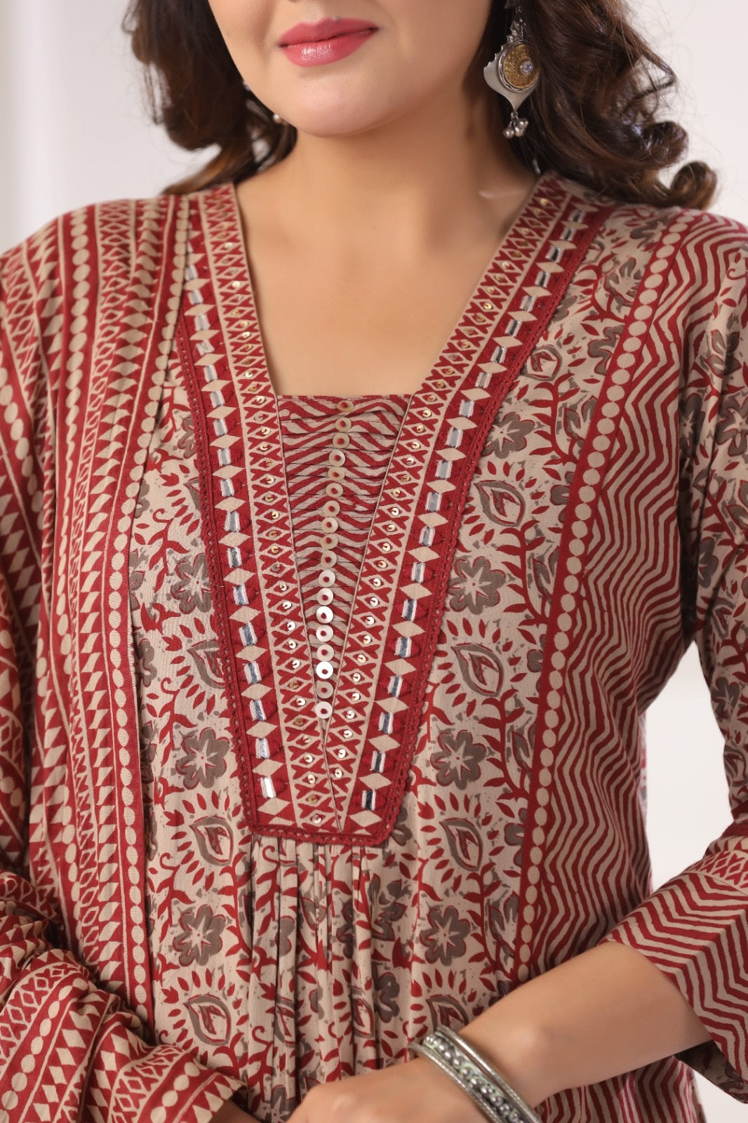 Meera Maroon Cotton A Line Suit Set For Women