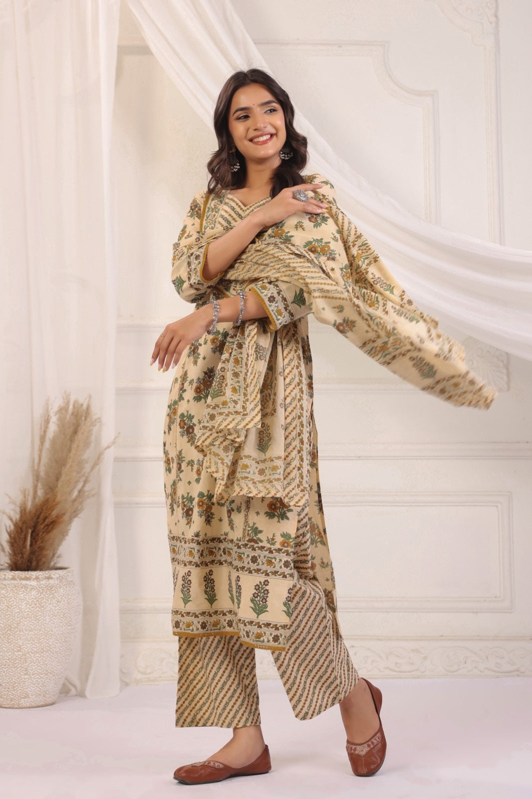 Bhoomi Beige Green Cotton Straight Suit Set For Women