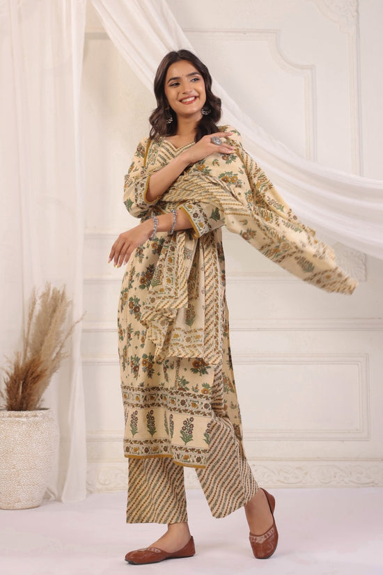 Bhoomi Beige Green Cotton Straight Suit Set For Women