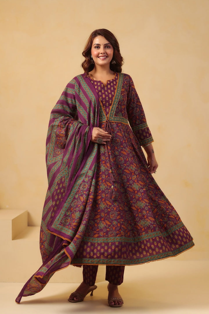 Janhvi Wine Premium Cotton Anarkali Suit Set