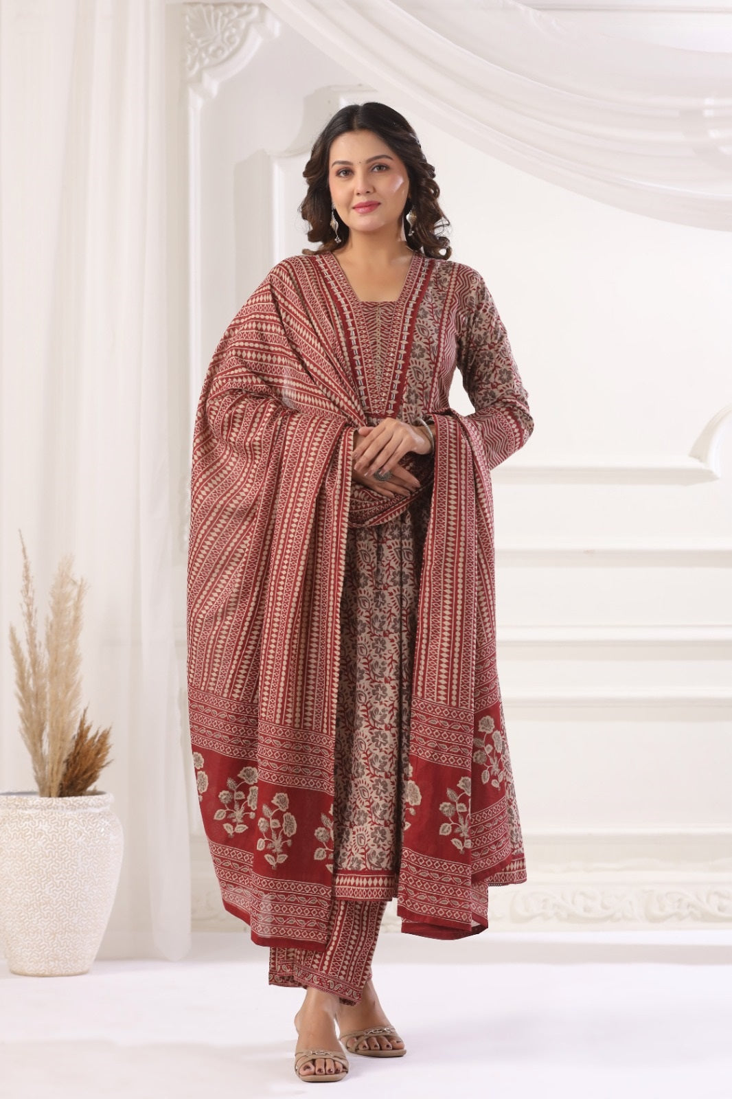 Meera Maroon Cotton A Line Suit Set For Women