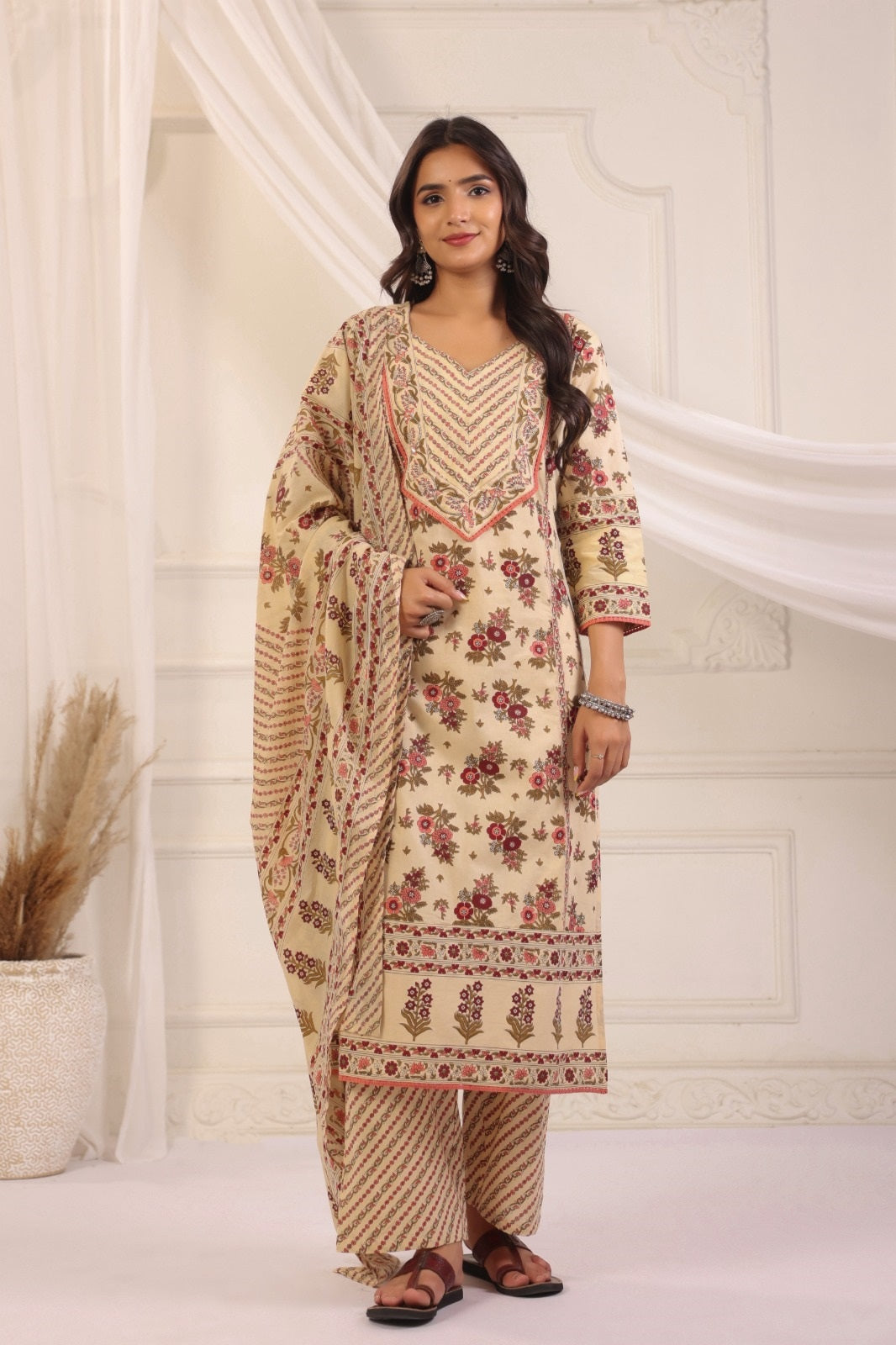 Gauri Beige Maroon Cotton Straight Suit Set For Women