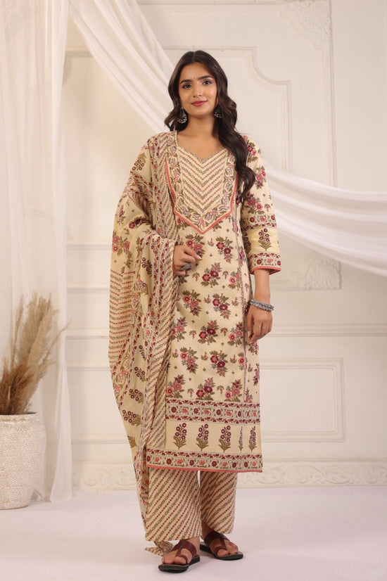 Gauri Beige Maroon Cotton Straight Suit Set For Women