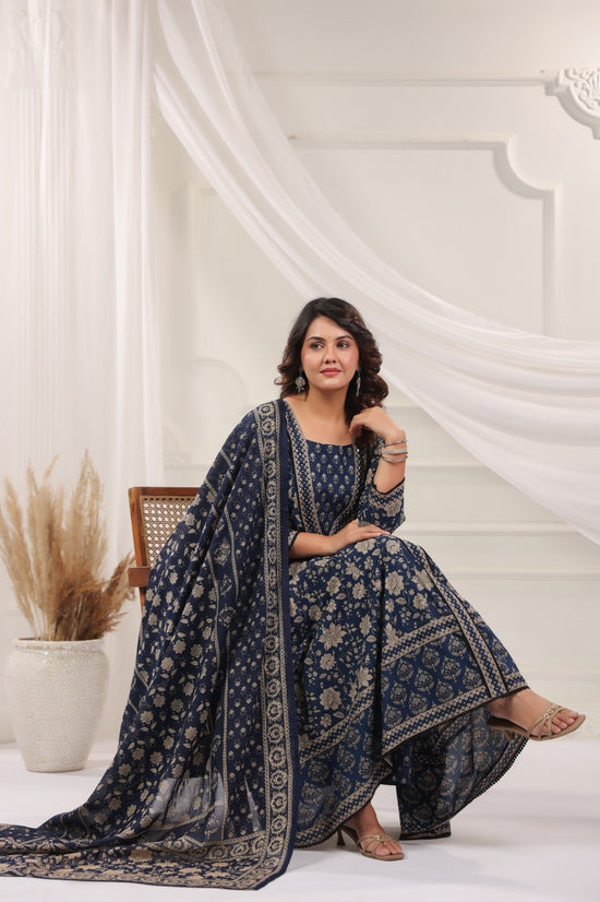 Seema Navy Blue Cotton Anarkali Suit Set