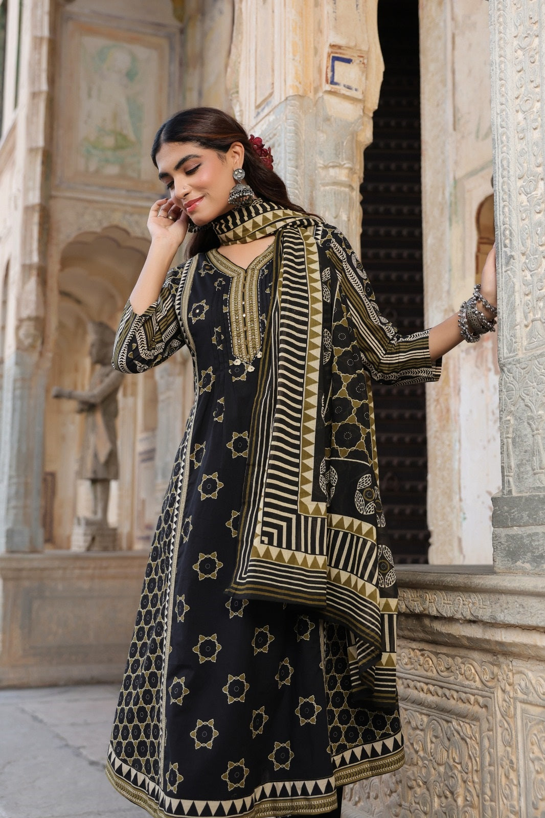 Madhavi Black  Cotton A Line Suit Set For Women