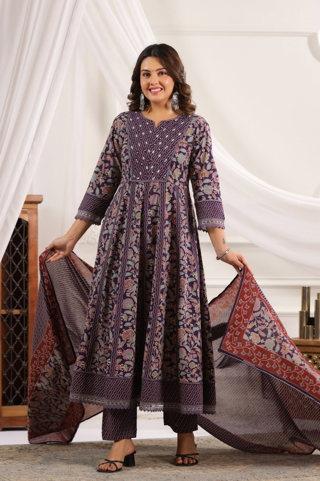 Saanvi Violet Cotton Anarkali Suit Set For Women