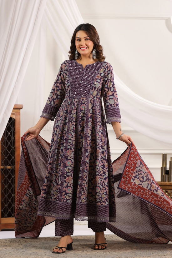 Saanvi Violet Cotton Anarkali Suit Set For Women