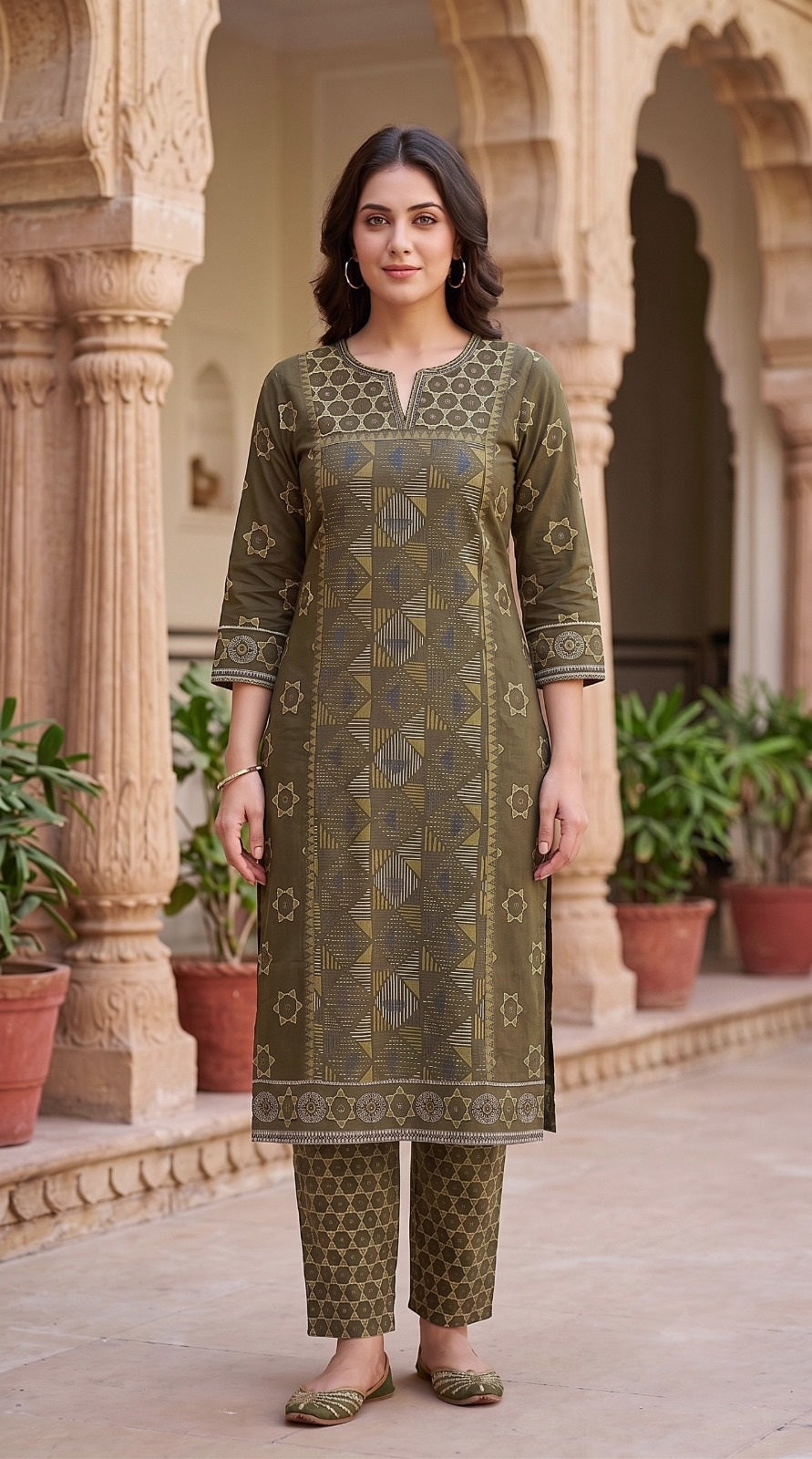 Sanika Green Premium Cotton Straight Salwar Suit Set For Women