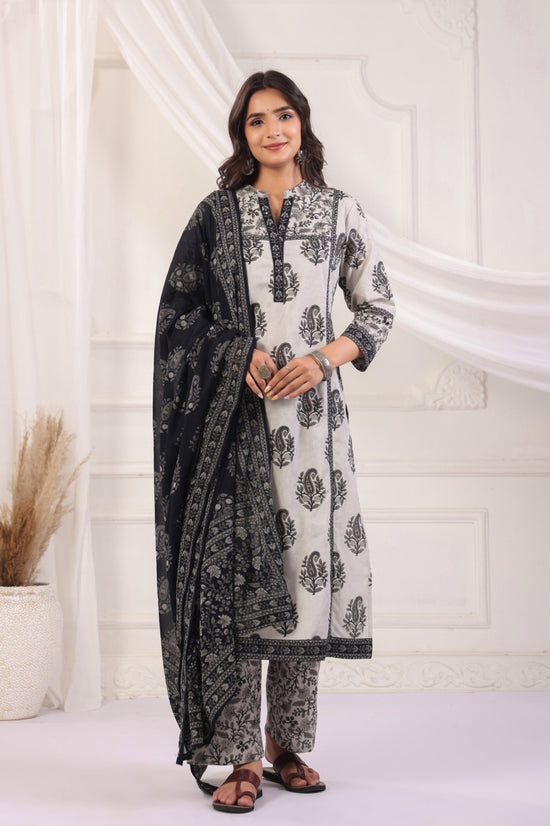 Satya Grey Cotton Straight Suit Set For Women