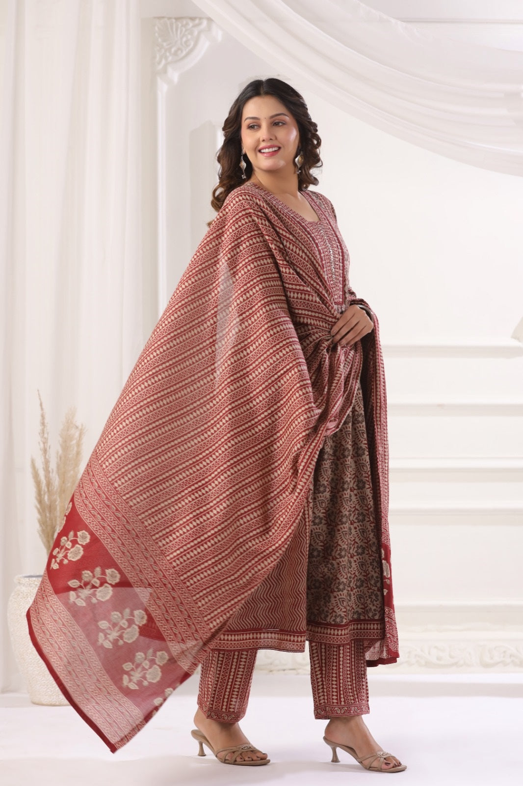 Meera Maroon Cotton A Line Suit Set For Women