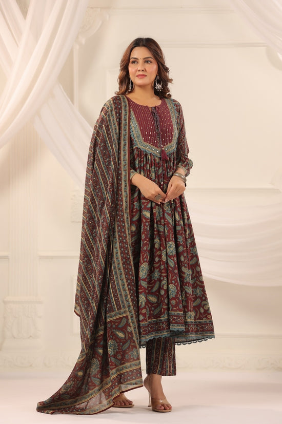 Ruhi Wine Cotton Anarkali Suit Set