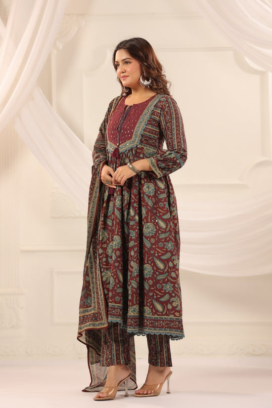 Ruhi Wine Cotton Anarkali Suit Set