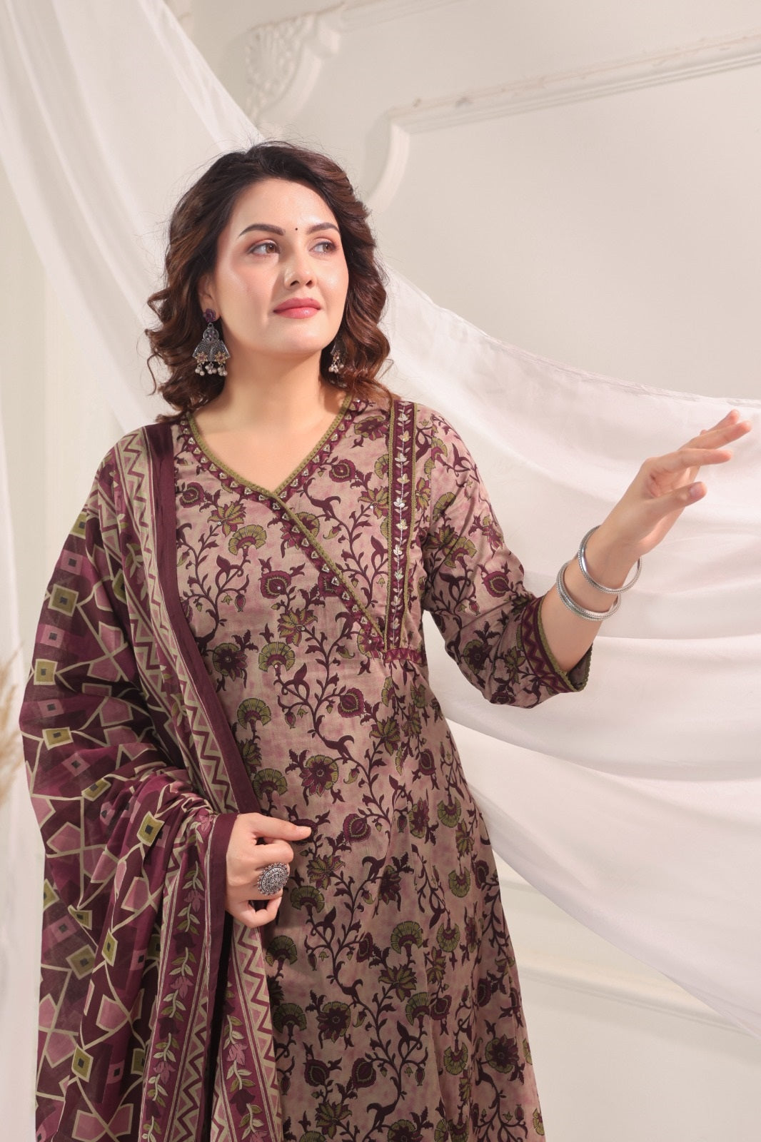 Madhavi Wine  Cotton A Line Suit Set For Women