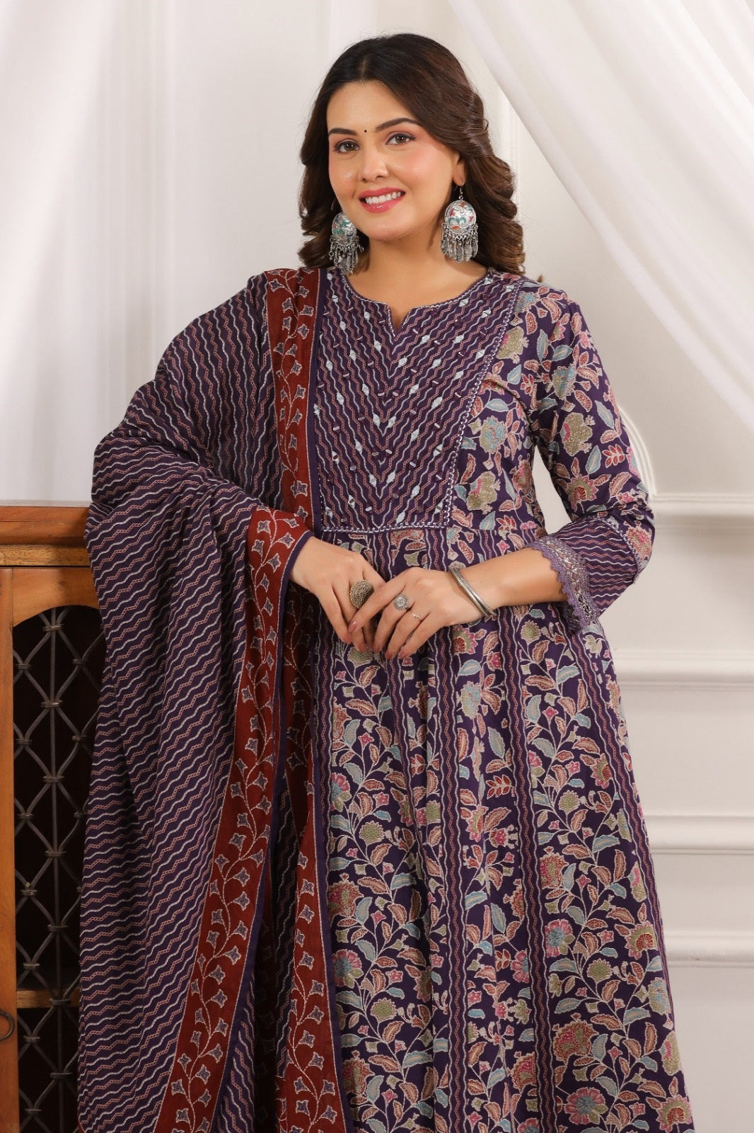 Saanvi Violet Cotton Anarkali Suit Set For Women