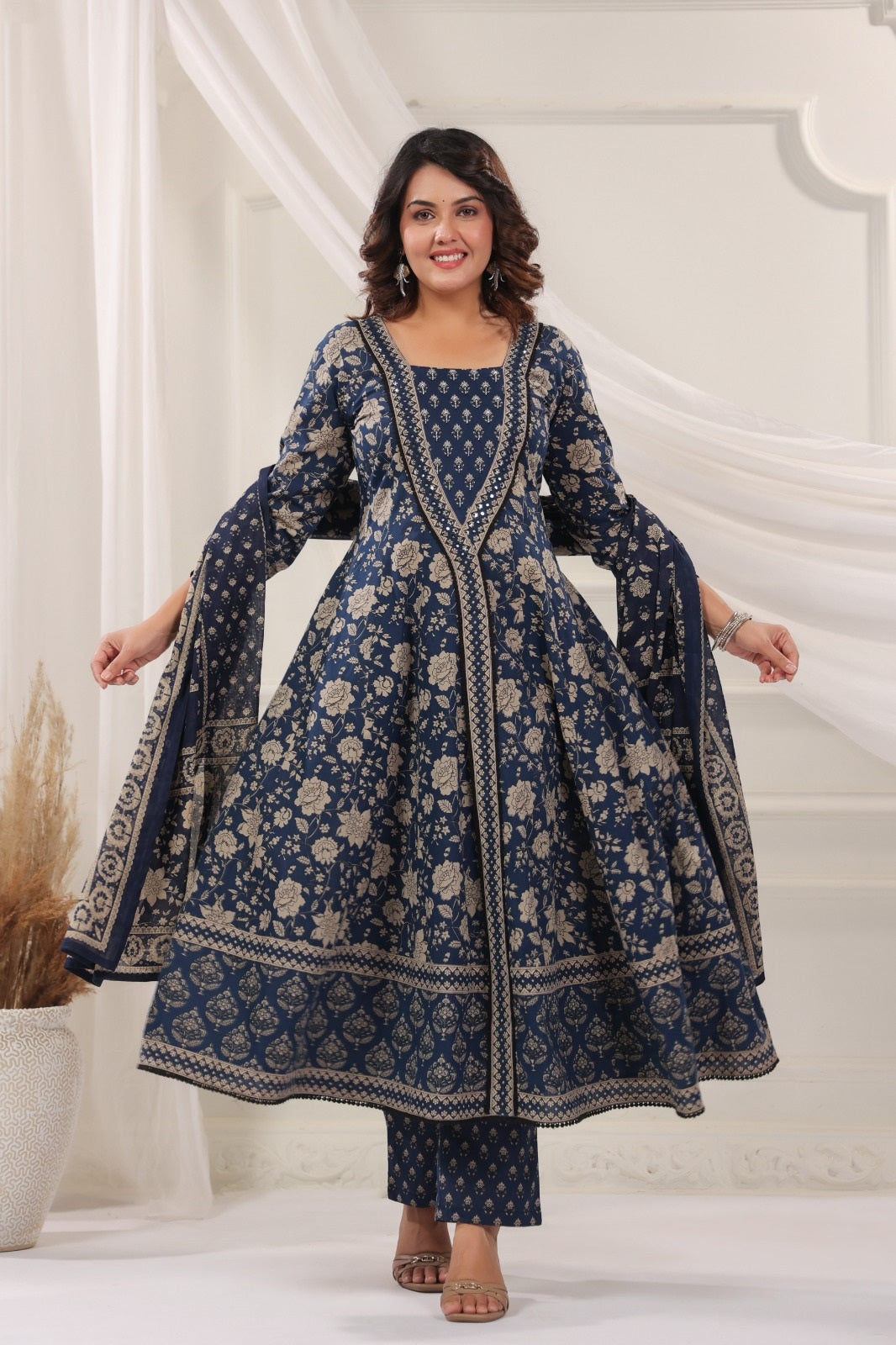 Seema Navy Blue Cotton Anarkali Suit Set