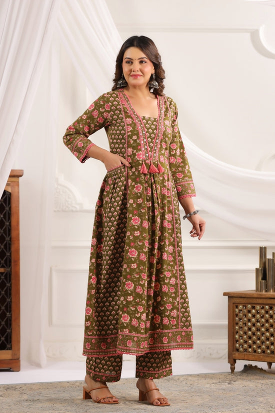 Mahika Green Cotton A Line Suit Set For Women