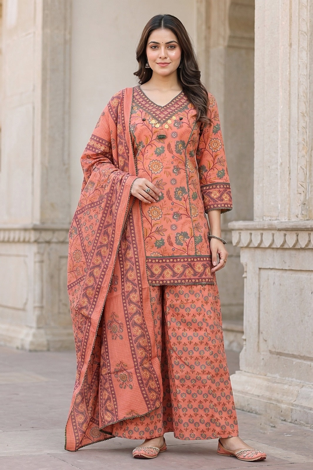 Keerthi Peach Cotton Farshi Salwar Suit Set