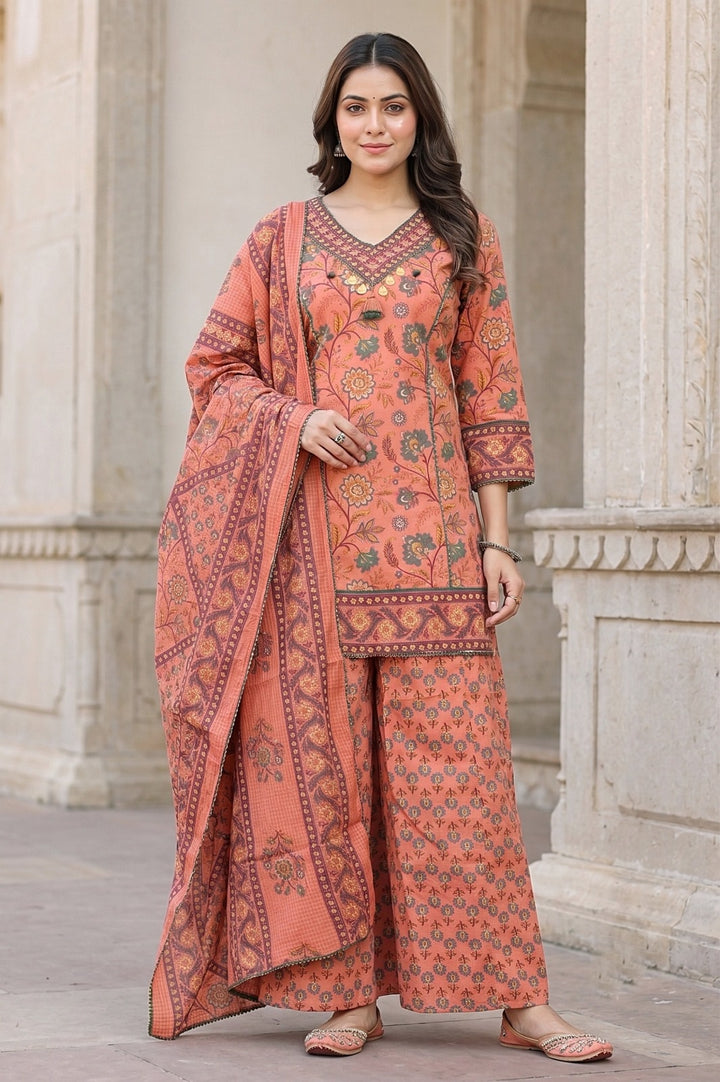Keerthi Peach Cotton Farshi Salwar Suit Set