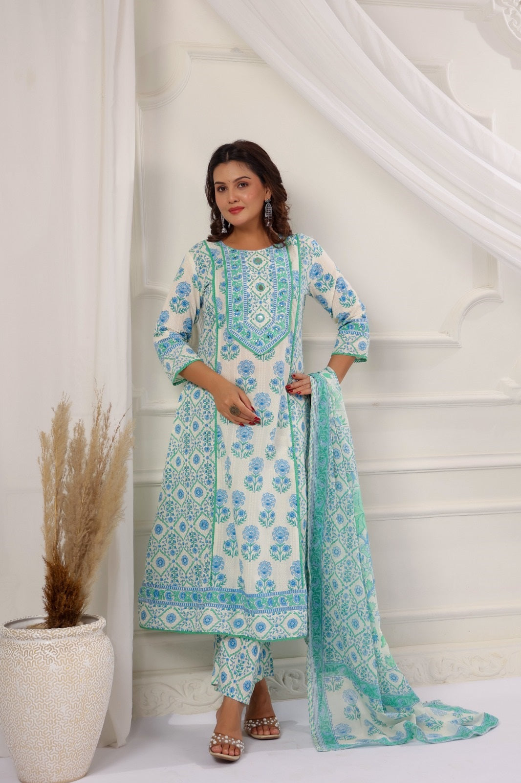 Eesha Atlantic Blue Cotton A Line Suit Set For Women