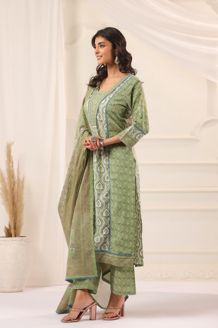Aashvi Green Cotton Suit Set For Women