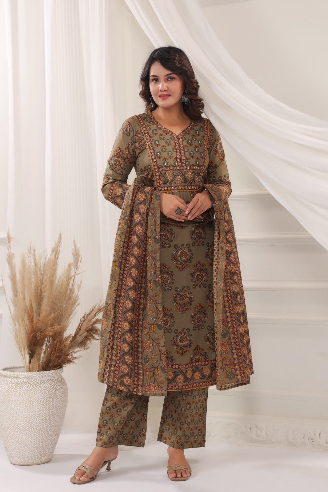 Bhanu Olive Green Cotton Straight Salwar Suit Set With Kota Doria Dupatta For Women