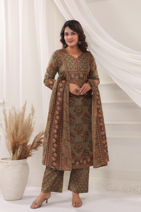 Bhanu Olive Green Cotton Straight Salwar Suit Set With Kota Doria Dupatta For Women