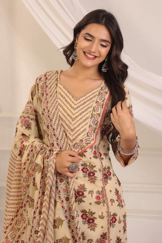 Gauri Beige Maroon Cotton Straight Suit Set For Women