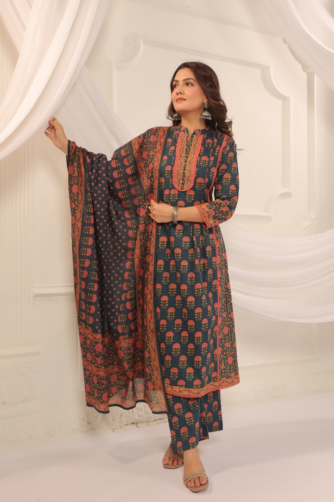 Suru Teal Blue Cotton A Line Suit Set