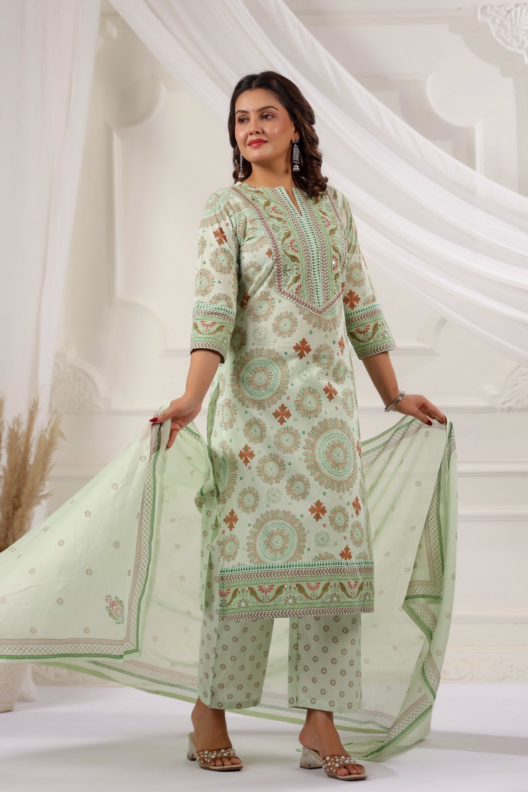 Bandita Pista Green Cotton Straight Suit Set For Women