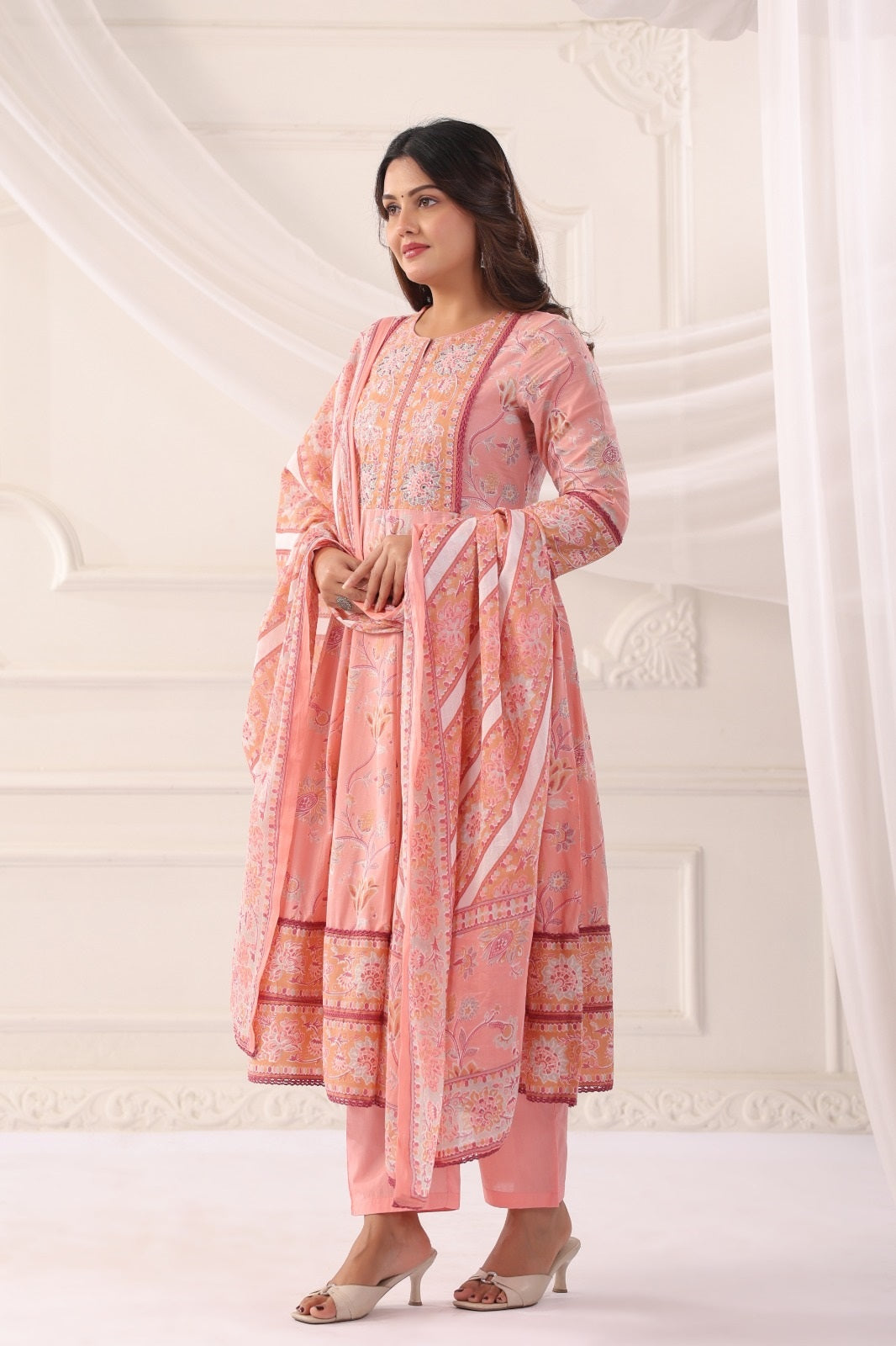 Ishani Pink Cotton Anarkali Suit Set For Women