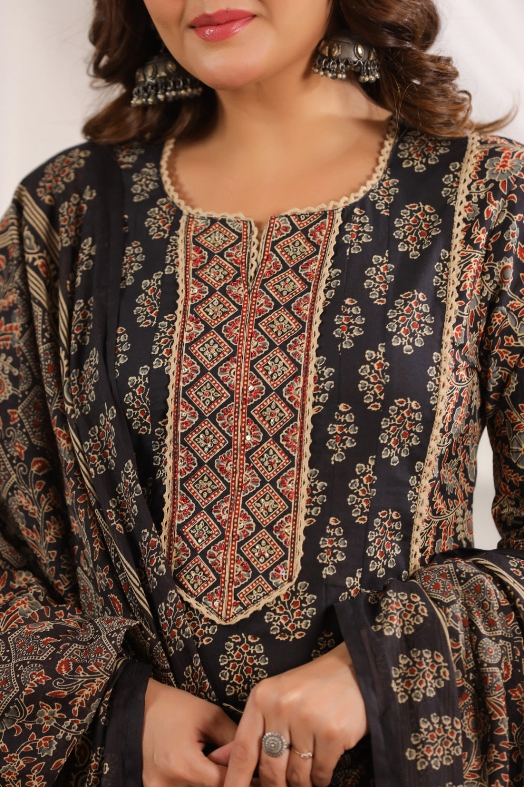 Indira Black Cotton A Line Suit Set