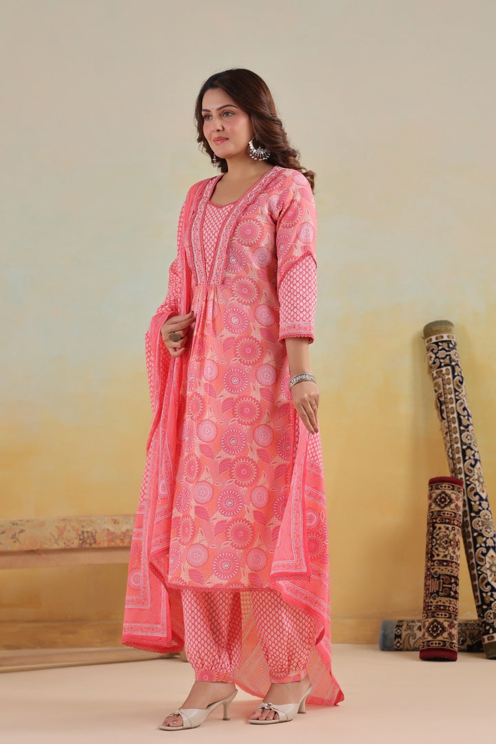 Gulnaar Pink Cotton A Line Suit Set