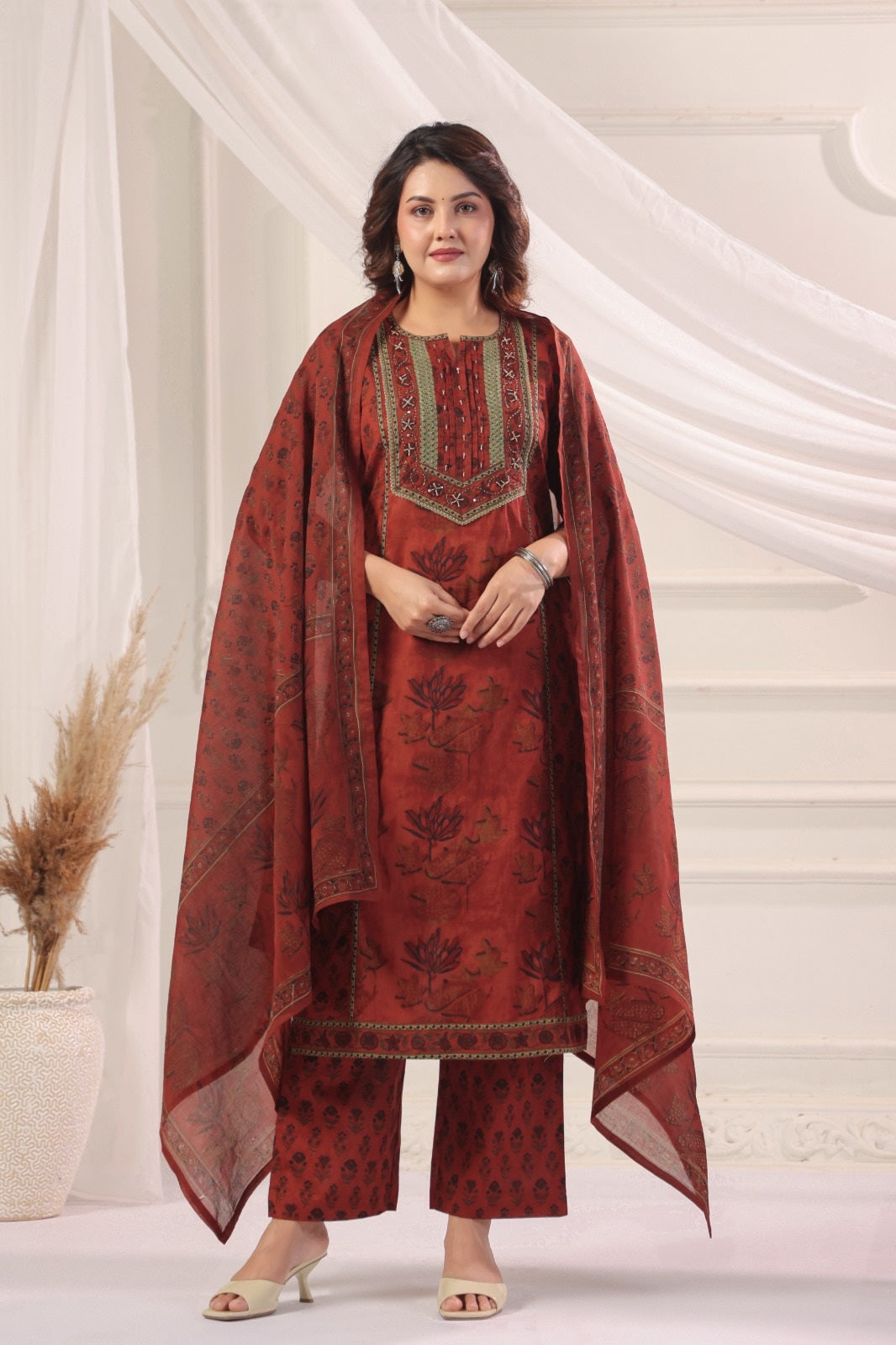 Satya Red Cotton Straight Suit Set For Women