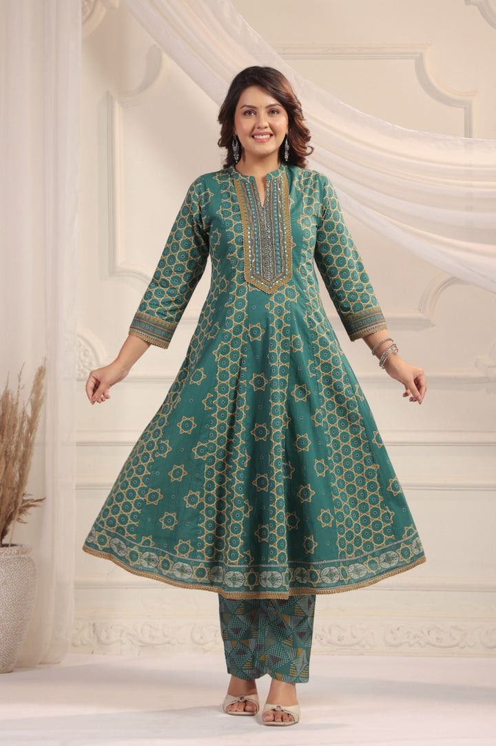 Eshana Green Premium Cotton Anarkali Set With Dupatta