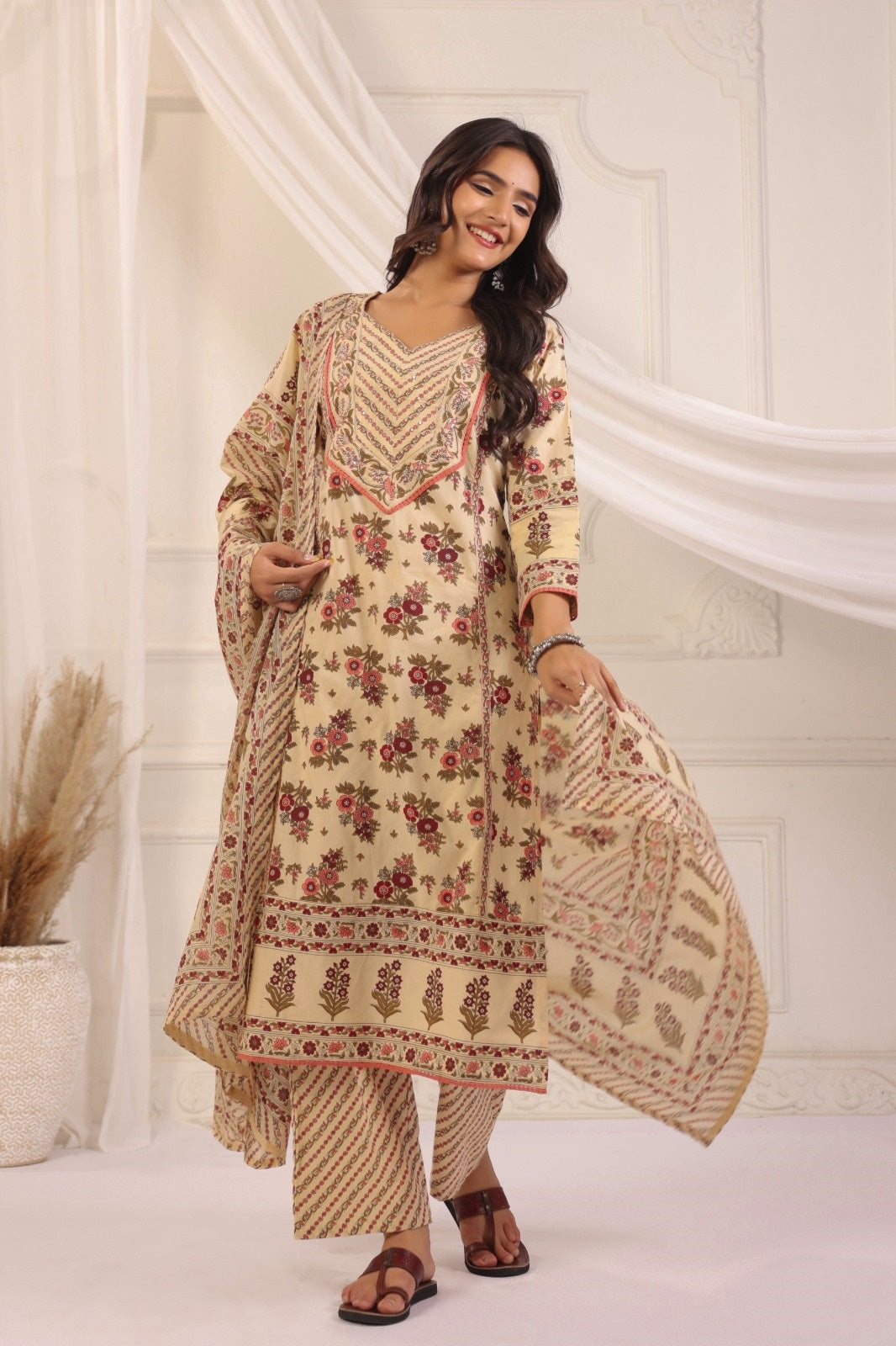 Gauri Beige Maroon Cotton Straight Suit Set For Women