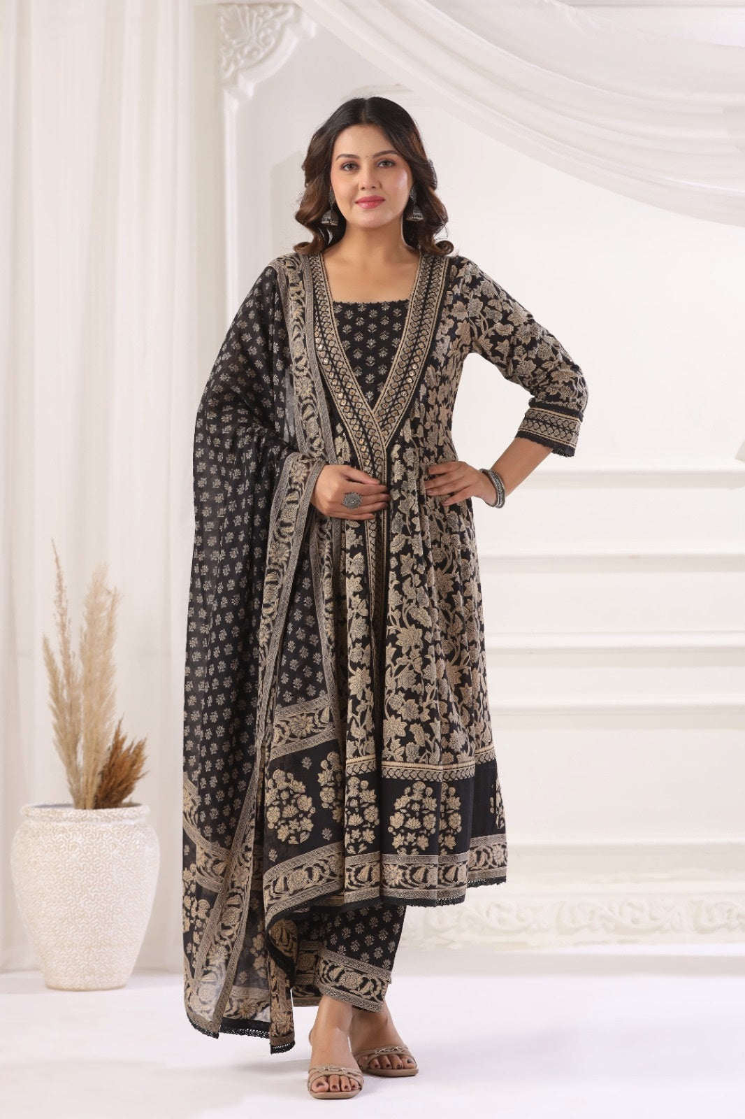 Shanaya Black Cotton Anarkali Suit Set For Women