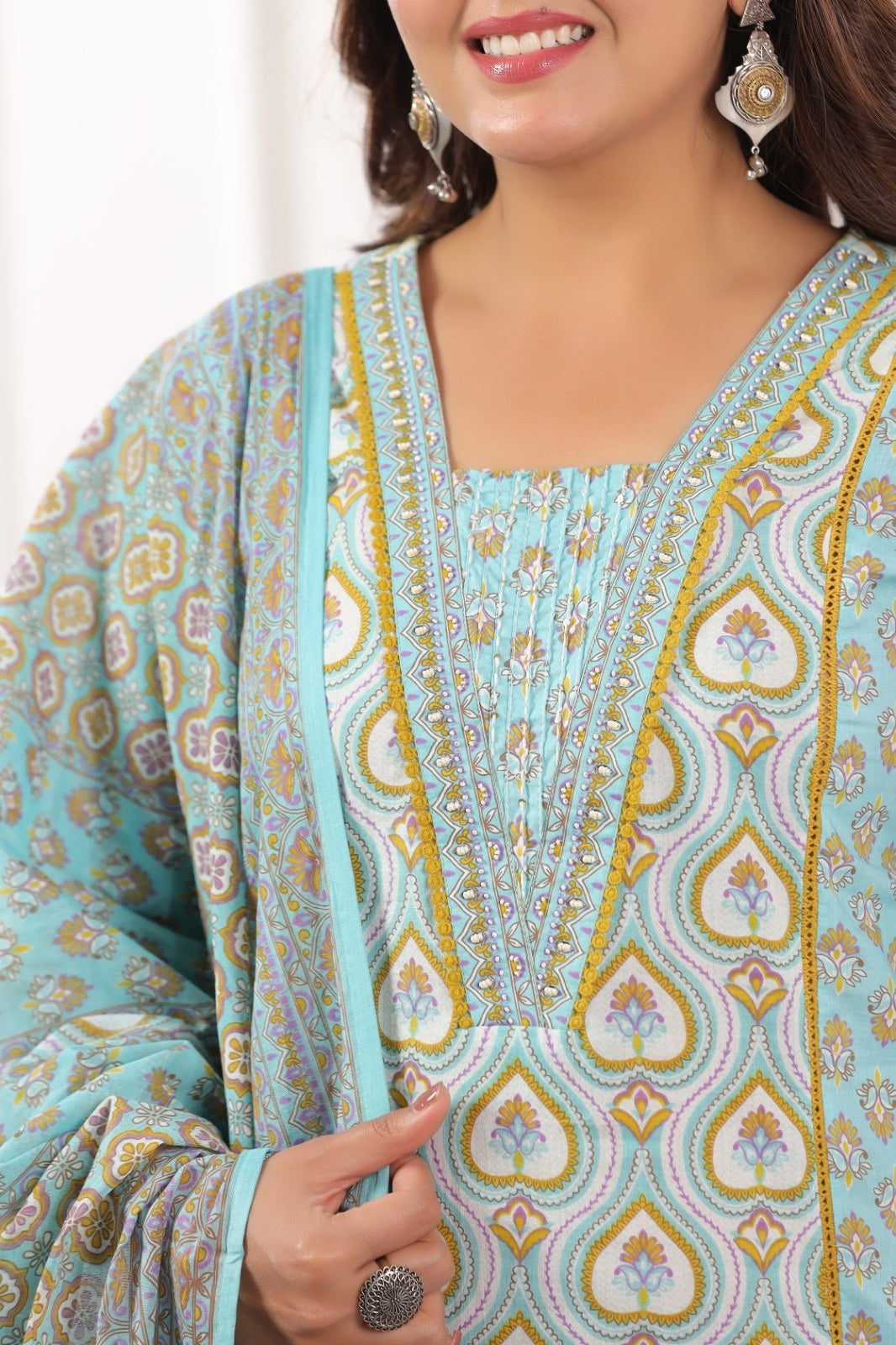 Kavya Aqua Blue Cotton Suit Set For Women