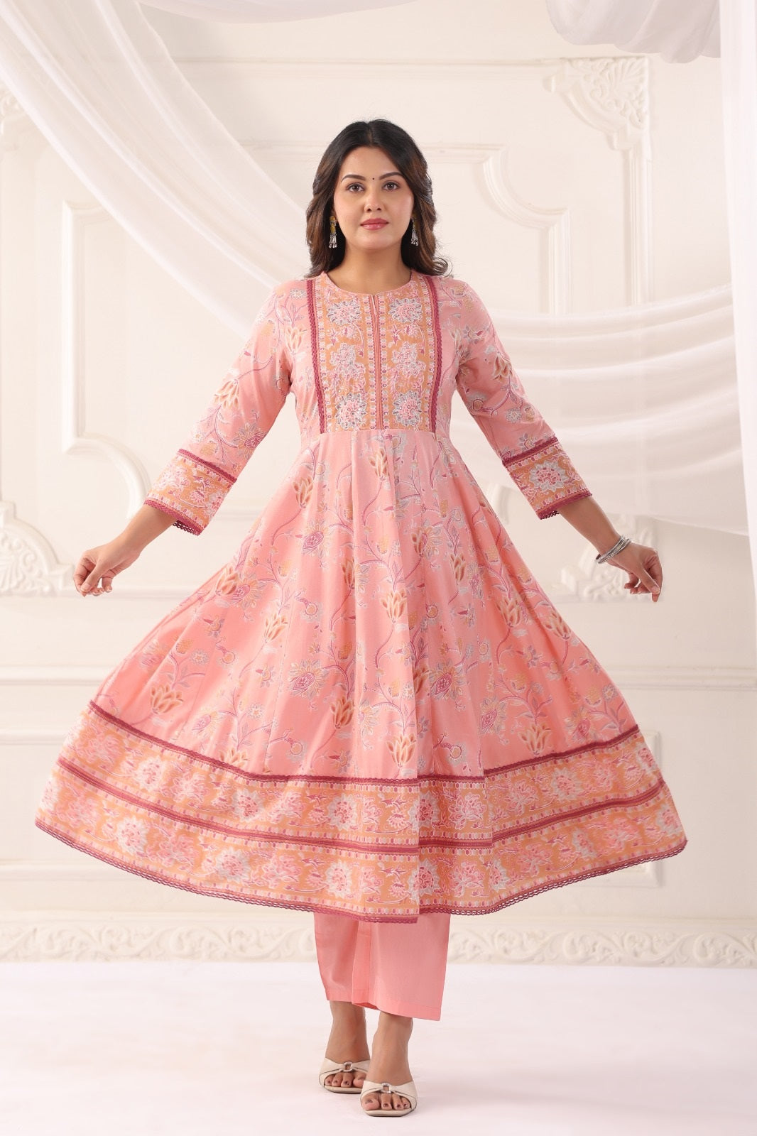 Ishani Pink Cotton Anarkali Suit Set For Women