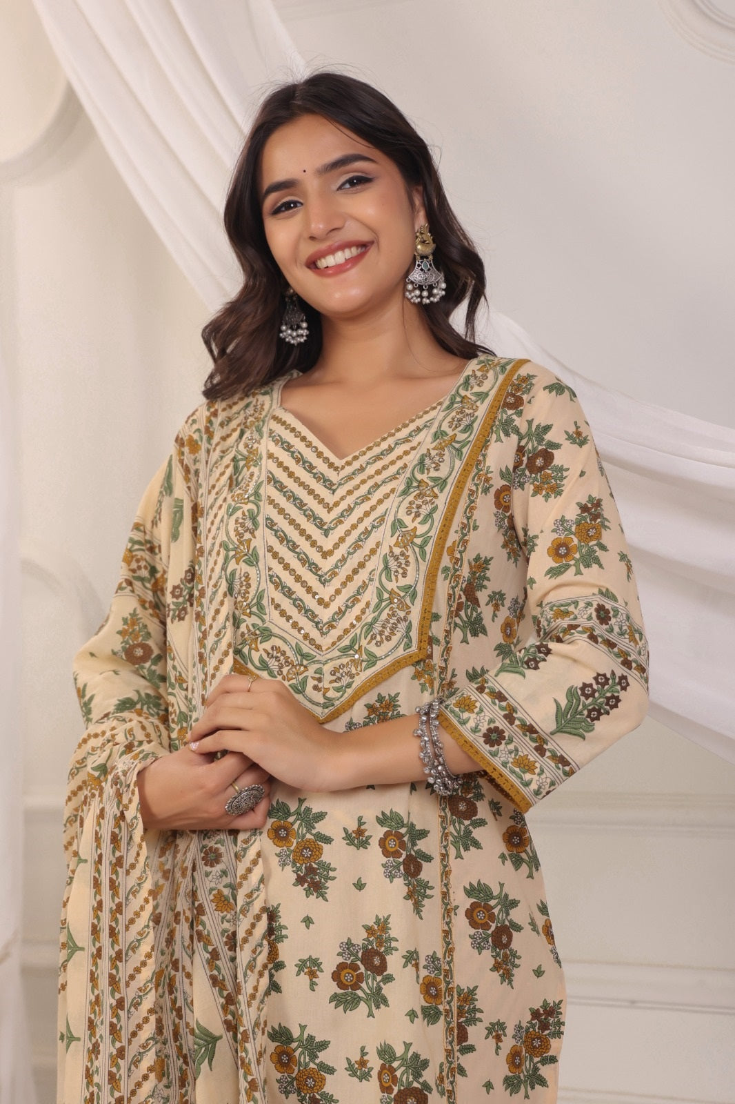 Bhoomi Beige Green Cotton Straight Suit Set For Women