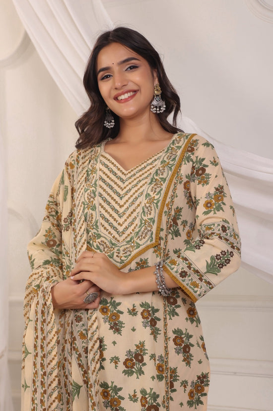 Bhoomi Beige Green Cotton Straight Suit Set For Women