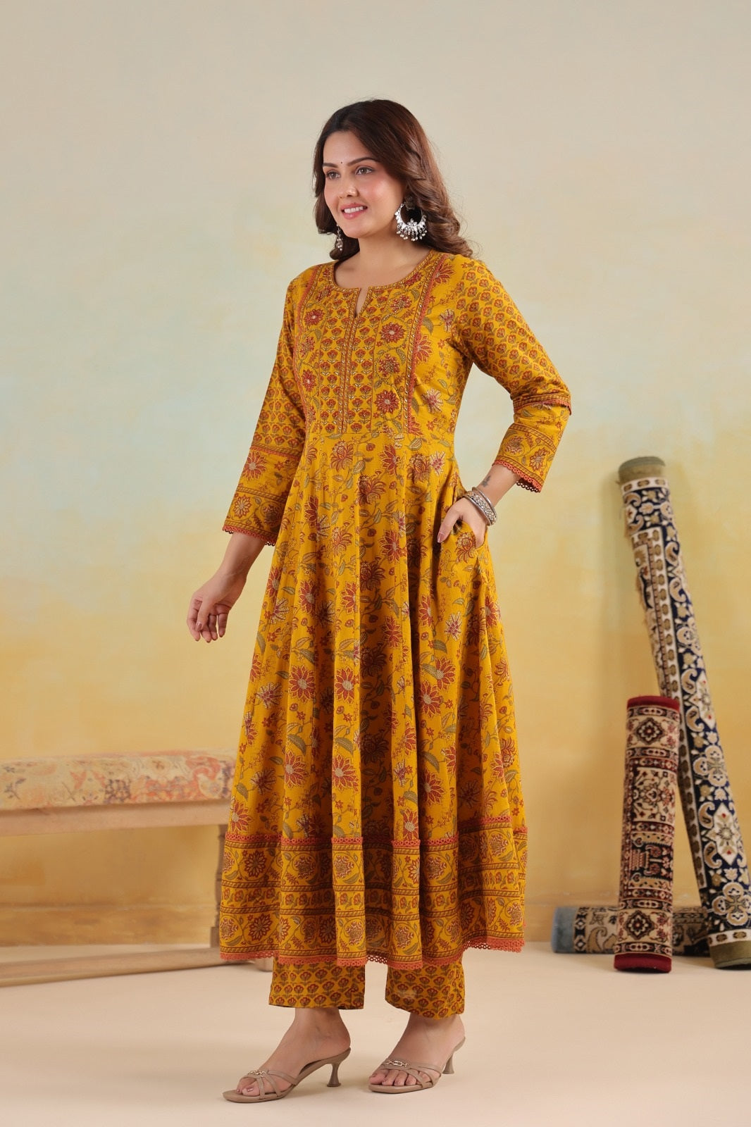 Aadhya Mustard Cotton Anarkali Suit Set